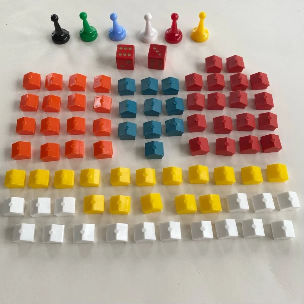 Vintage 1958 Finance Board Game Pieces 6 Pawn Tokens, 76 Houses, 2 Red Dice - Picture 7 of 10